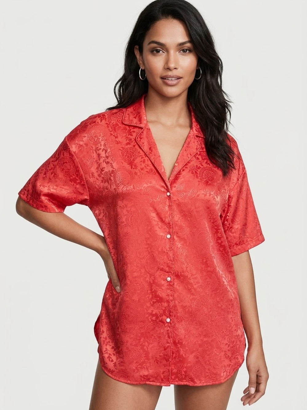Vintage Victoria's Secret Gold Tag Floral Brocade Red Short Sleeve Shirt Dress